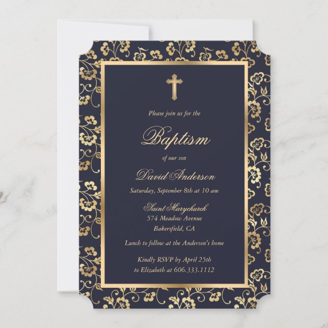 Elegant Blue Gold Floral Boy Baptism Invitation (Front)