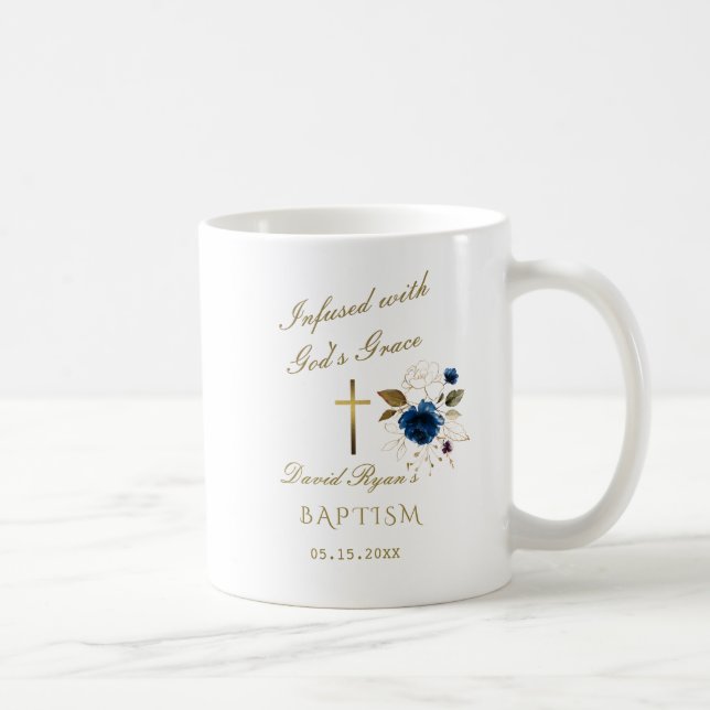 Elegant Blue Gold Floral Calligraphy Boy Baptism Coffee Mug (Right)