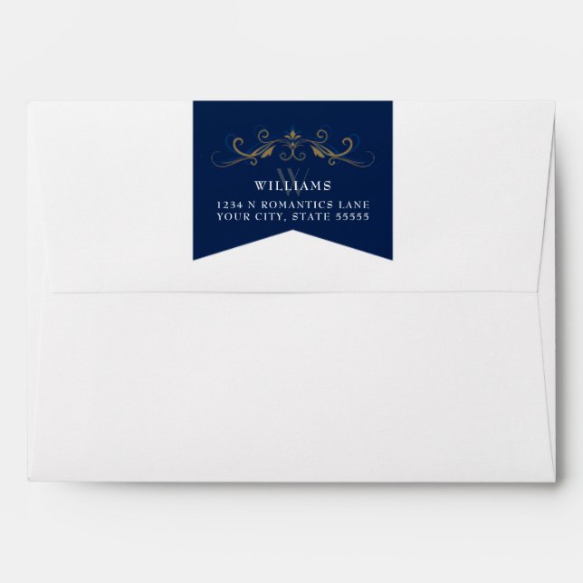 Elegant Blue Gold Floral Chic Library Wedding Envelope (Back (Top Flap))
