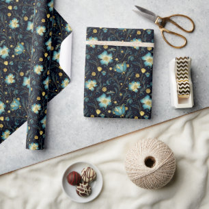 Elegant Blue & Gold Floral Christmas Wrapping Paper
