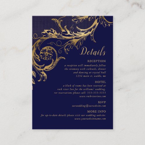 Elegant Blue Gold Floral Damask Wedding Details Enclosure Card