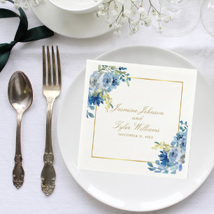 Elegant Blue Gold Floral Evening Wedding Napkins