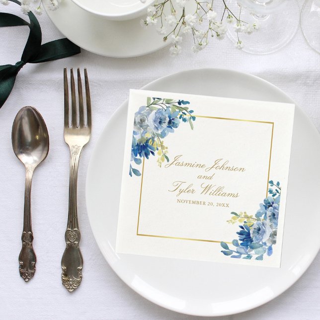 Elegant Blue Gold Floral Evening Wedding Napkins (Creator Uploaded)