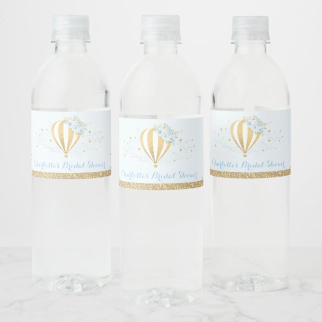 Elegant Blue Gold Floral Hot Air Balloon Favors Water Bottle Label (Bottles)