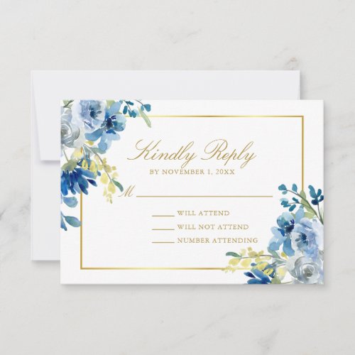Elegant Blue Gold Floral Kindly Reply Wedding RSVP Card