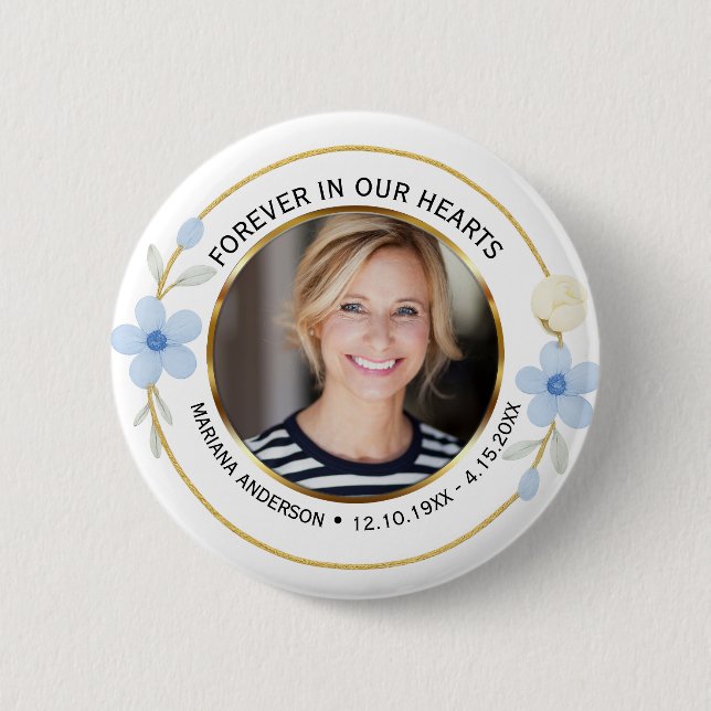 Elegant Blue & Gold Floral Memorial Photo Button (Front)