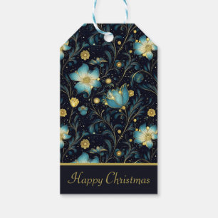 Elegant Blue & Gold Floral Personalized Christmas Gift Tags