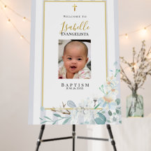 Elegant Blue Gold Floral Photo Baptism Welcome