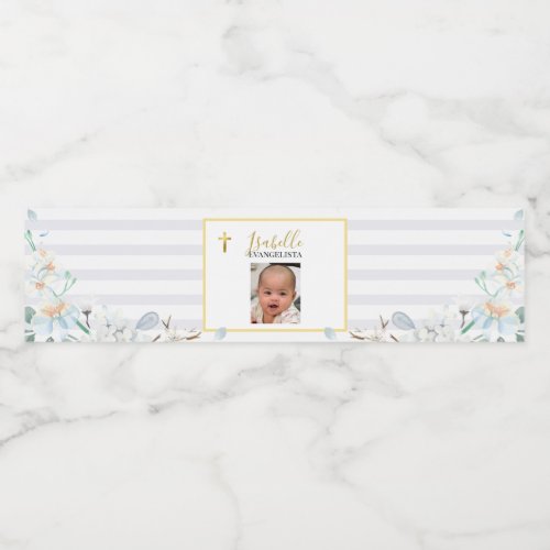 Elegant Blue Gold Floral Photo Christening Water Bottle Label