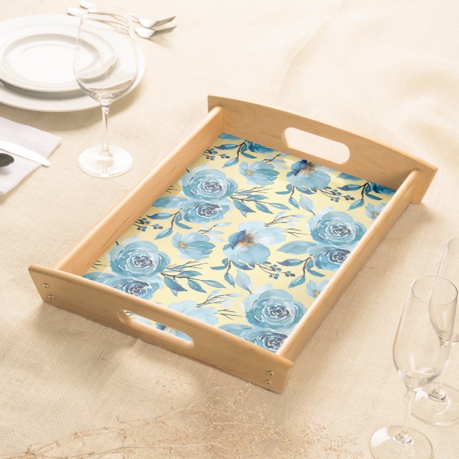 Elegant Blue Gold Floral Rose Pattern Serving Tray (Front)