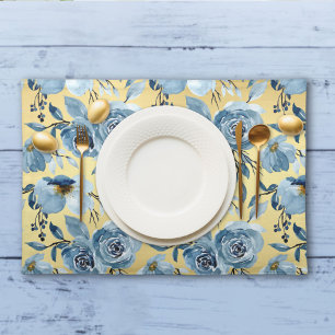 Elegant Blue Gold Floral Rose Watercolor Cloth Placemat