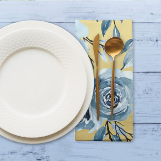Elegant Blue Gold Floral Rose Watercolor Dining Cloth Napkin
