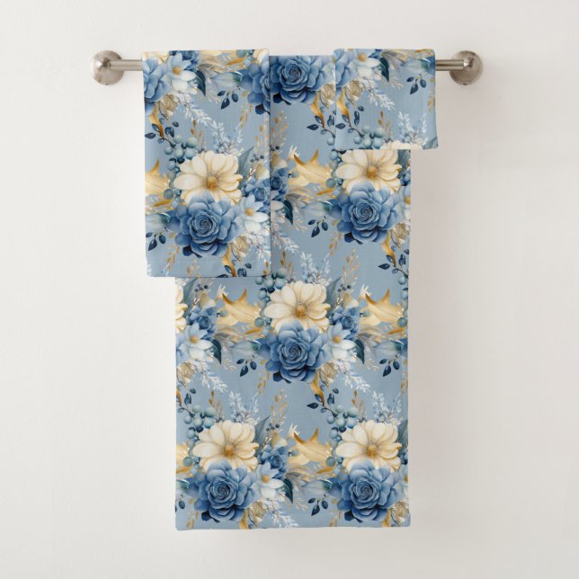 Elegant Blue Gold Floral Roses Towel Set (Insitu)