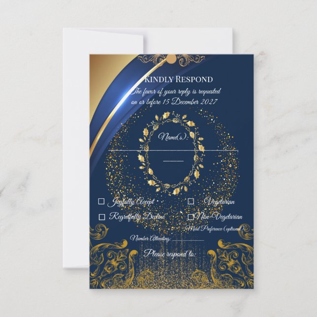 Elegant Blue & Gold Floral RSVP Card | (Front)