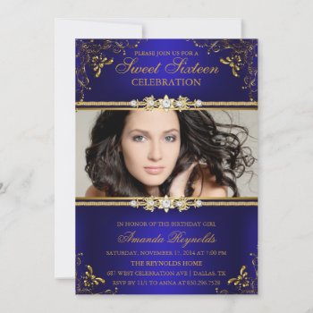 Elegant Blue & Gold Floral Sweet Sixteen Invite by ExclusiveZazzle at Zazzle