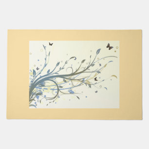 Elegant Blue Gold Floral Swirls with Butterflies Doormat