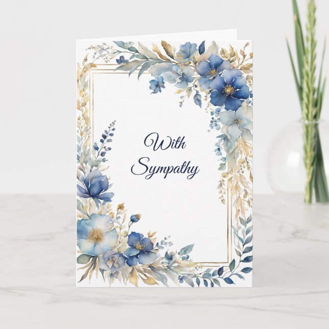 Elegant Blue Gold Floral Sympathy Card (Front)