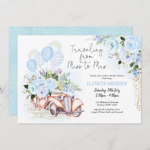 Elegant Blue Gold Floral Travel Bridal Shower Invitation