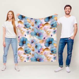 Elegant Blue Gold Floral Watercolor Pattern Fleece Blanket