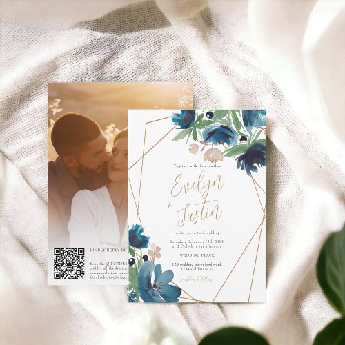 Elegant blue gold Floral Watercolor QR Wedding Invitation