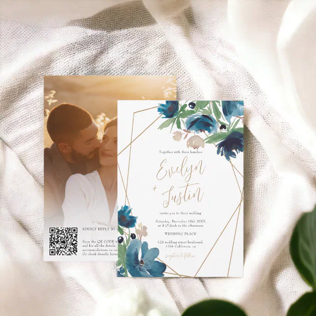 Elegant blue gold Floral Watercolor QR Wedding Invitation | Zazzle