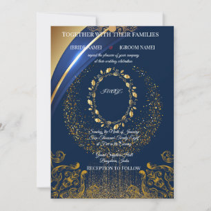 Elegant Blue & Gold Floral Wedding Invitation