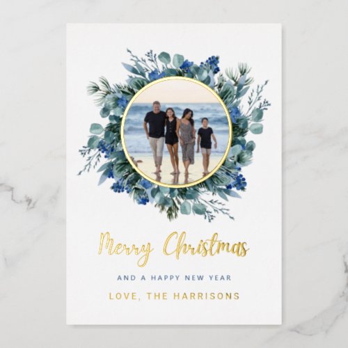 Elegant Blue Gold Floral Wreath Christmas  Foil Holiday Card
