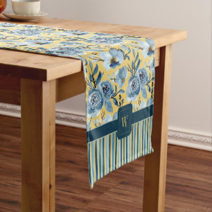 Elegant Blue Gold Flowers and Stripe Monogram  Short Table Runner