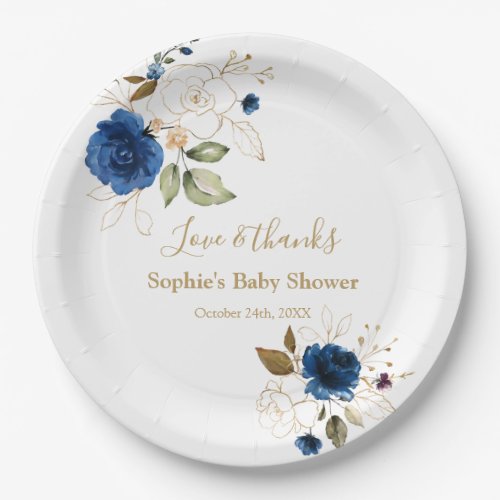 Elegant Blue Gold Flowers Baby Shower Paper Plates
