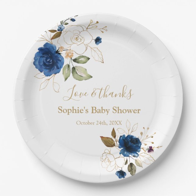 Elegant Blue Gold Flowers Baby Shower Paper Plates (Front)