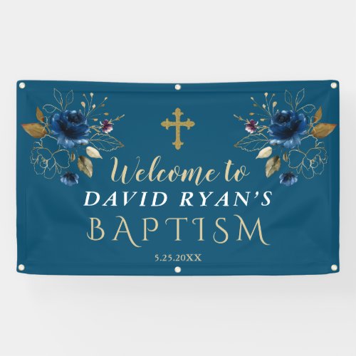 Elegant Blue Gold Flowers Baptism Welcome Sign