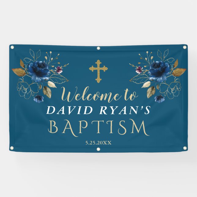 Elegant Blue Gold Flowers Baptism Welcome Sign (Horizontal)
