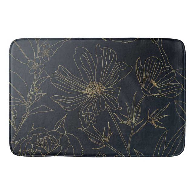 Elegant Blue Gold Flowers Botanical Bath Mat (Front)