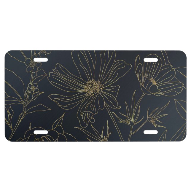 Elegant Blue Gold Flowers Botanical License Plate (Front)