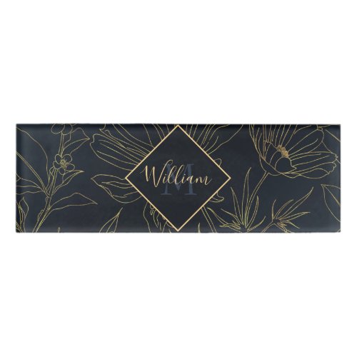 Elegant Blue Gold Flowers Botanical Name Tag