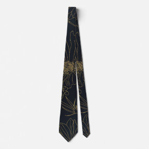 Elegant Blue Gold Flowers Botanical Neck Tie