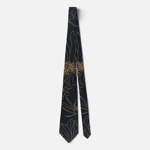 Elegant Blue Gold Flowers Botanical Neck Tie