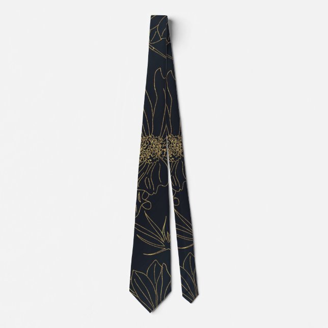 Elegant Blue Gold Flowers Botanical Neck Tie (Front)