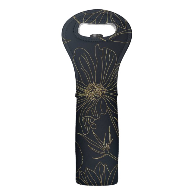 Elegant Blue Gold Flowers Botanical Wine Bag (Front)