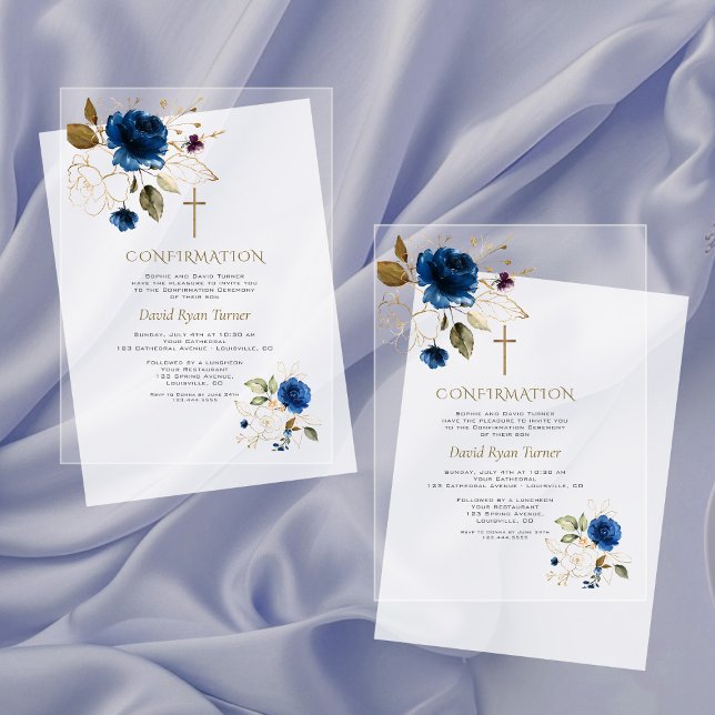 Elegant Blue Gold Flowers Boy Confirmation  Acrylic Invitations (Creator Uploaded)