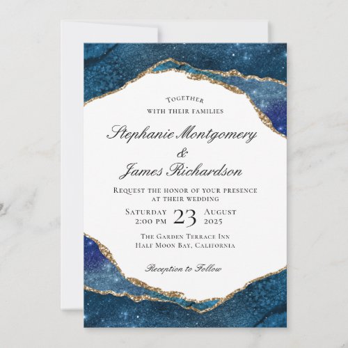 Elegant Blue Gold Foil Agate Watercolor Wedding Invitation