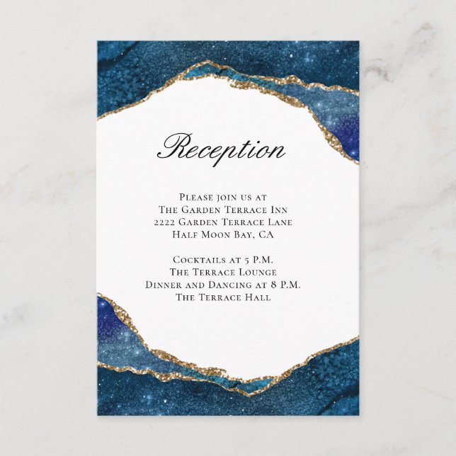 Elegant Blue Gold Foil Agate Wedding Reception Enclosure Card (Front)