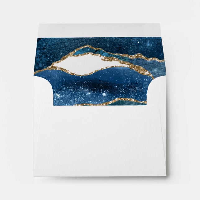 Elegant Blue Gold Foil Agate Wedding RSVP Envelope (Back (Bottom))