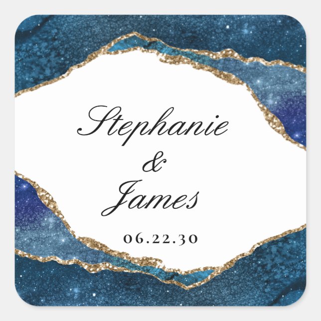 Elegant Blue Gold Foil Agate Wedding Square Sticker (Front)