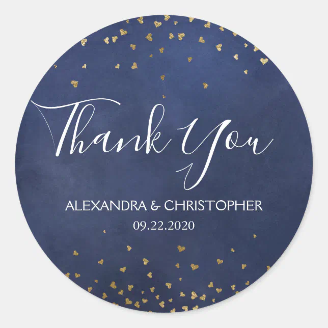 Elegant Blue Gold Foil Confetti Thank You Wedding Classic Round Sticker ...
