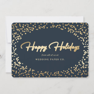 Elegant Blue Gold Foil Hand Lettered Business Holiday Card