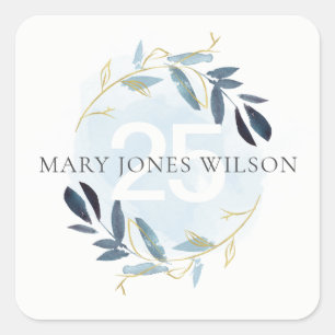 ELEGANT BLUE GOLD FOLIAGE WREATH ANY AGE BIRTHDAY SQUARE STICKER