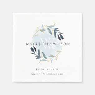 ELEGANT BLUE GOLD FOLIAGE WREATH BRIDAL SHOWER NAPKINS