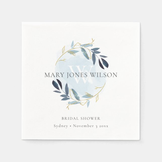 ELEGANT BLUE GOLD FOLIAGE WREATH BRIDAL SHOWER NAPKINS (Front)