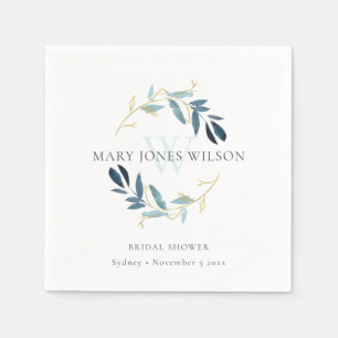 ELEGANT BLUE GOLD FOLIAGE WREATH BRIDAL SHOWER NAPKINS